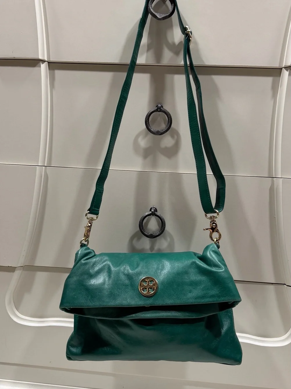 Tory Burch Emerald Green Leather Fold-Over Crossbody with Logo